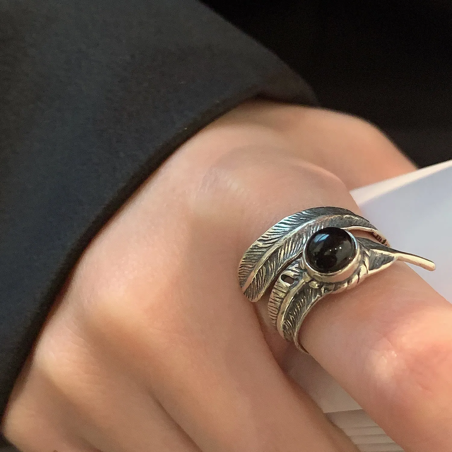 Vintage Silver Enamel Black Dropped Feather Ring sold by FloralTrip product image thumbnail 2