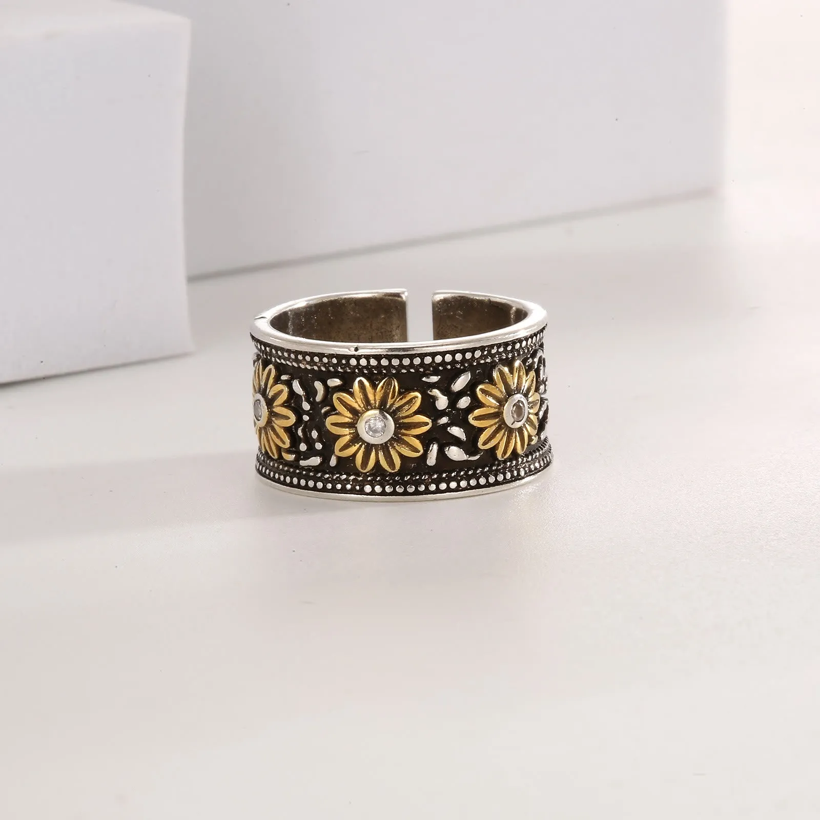 Adjustable Retro Silver Dyed Black Flower Ring sold by FloralTrip product image thumbnail 3