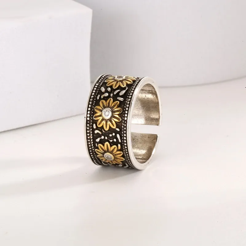 Adjustable Retro Silver Dyed Black Flower Ring sold by FloralTrip