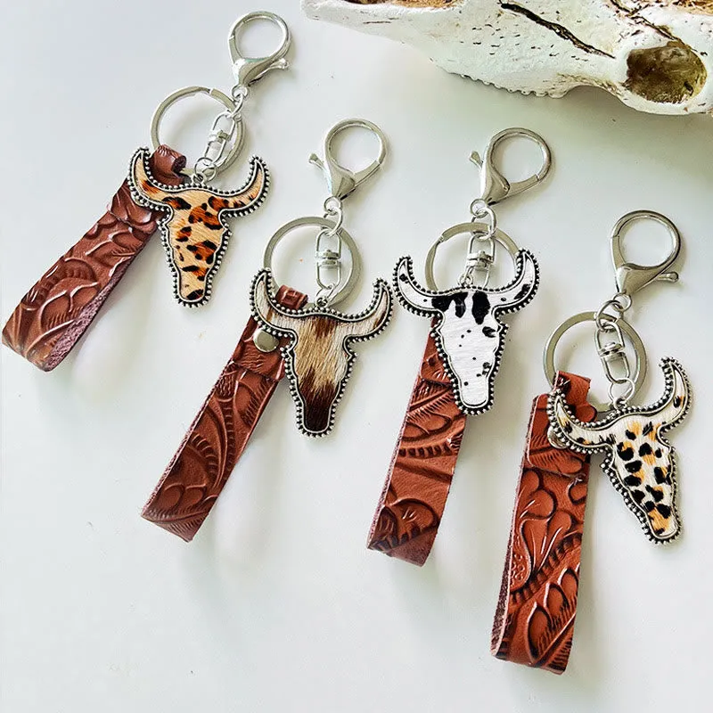 Western Style Brown Leather Bull Pendant Keychain sold by FloralTrip