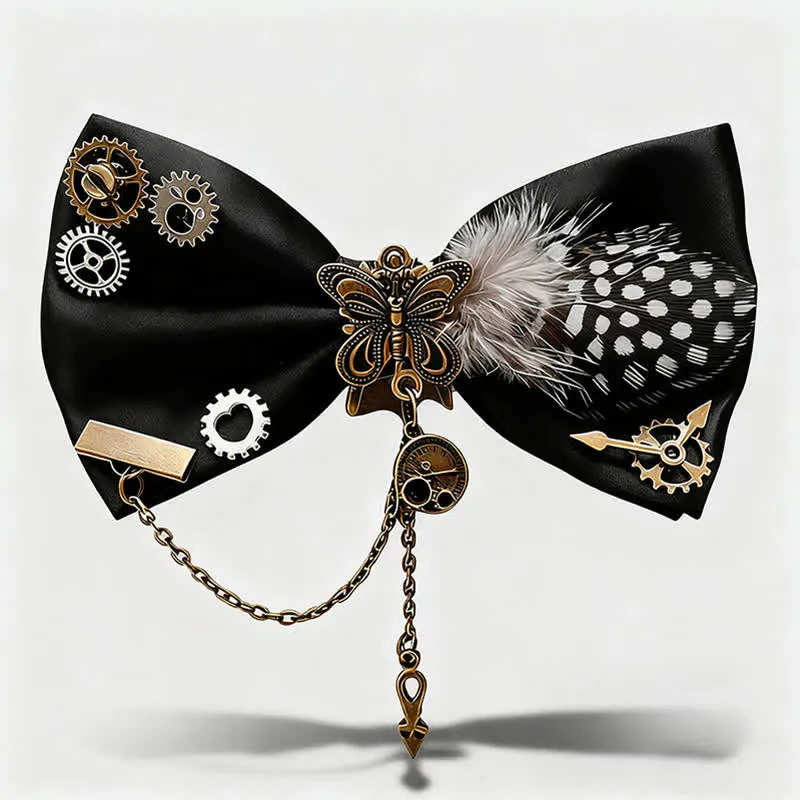 Steampunk Style Gears White Spots Feather Bow Tie sold by FloralTrip