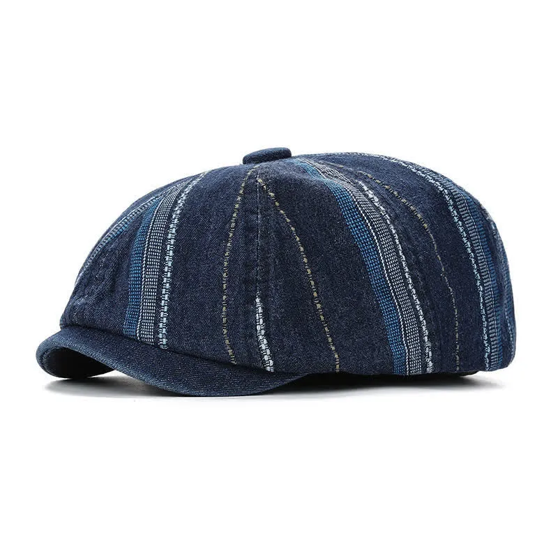 Denim Striped Newsboy Cap Octagonal Beret Hat sold by FloralTrip