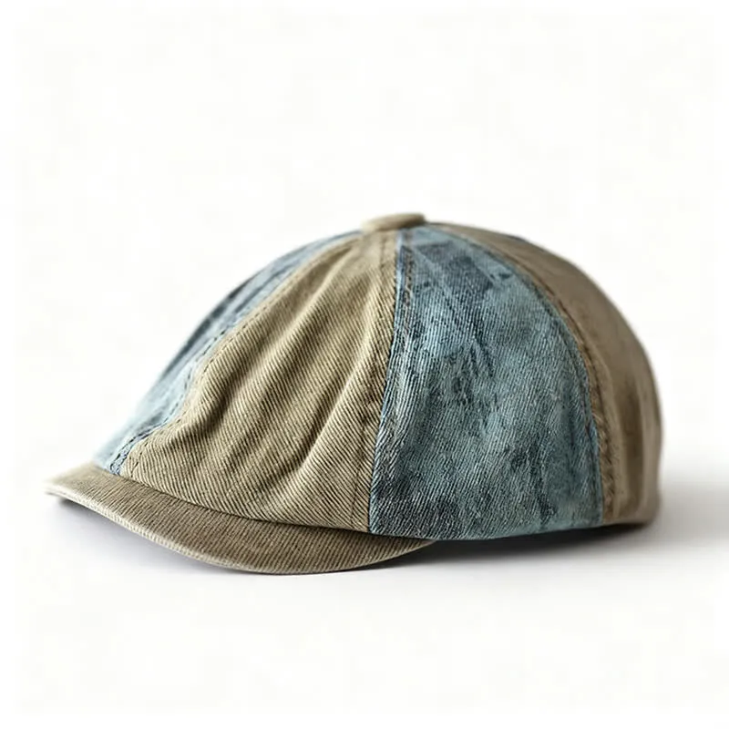 Retro Denim Color-Blocked Octagonal Beret Hat sold by FloralTrip