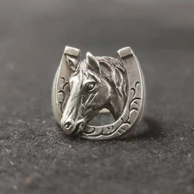 Men's Silver Horse Head U-shaped Opening Adjustable Ring sold by FloralTrip