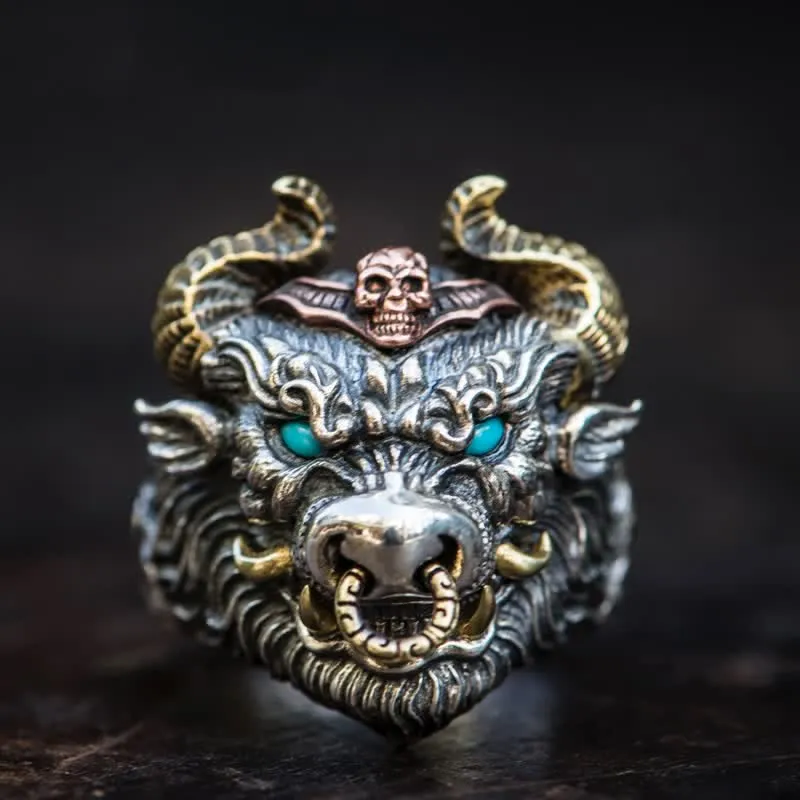 Men's Domineering Bull Turquoise Eyes Adjustable Ring sold by FloralTrip