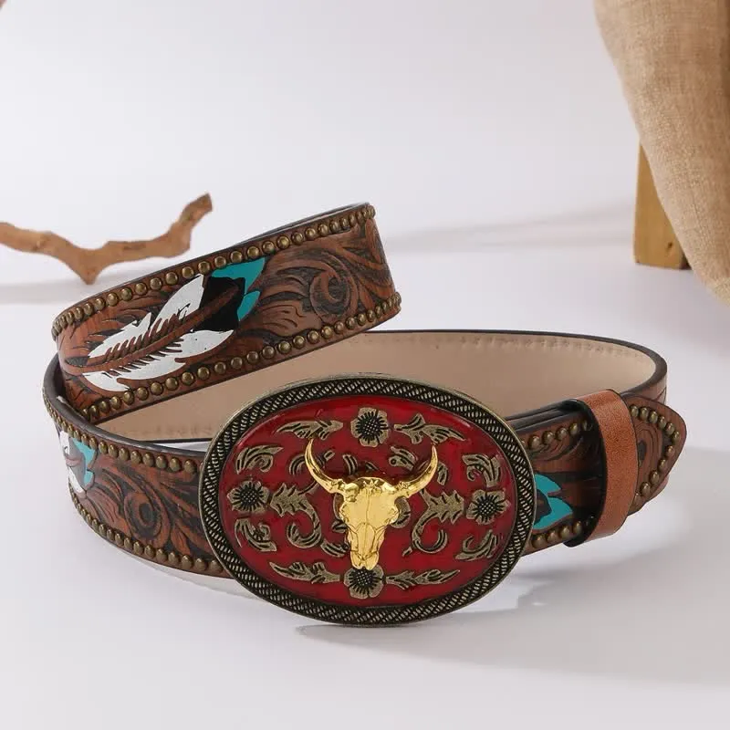 Longhorn Bull Dark Red Buckle Feather Rivet Leather Belt sold by FloralTrip