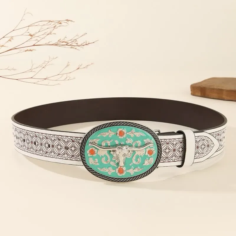 Longhorn Bull Turquoise-Tone Buckle Embossed Leather Belt sold by FloralTrip product image thumbnail 4