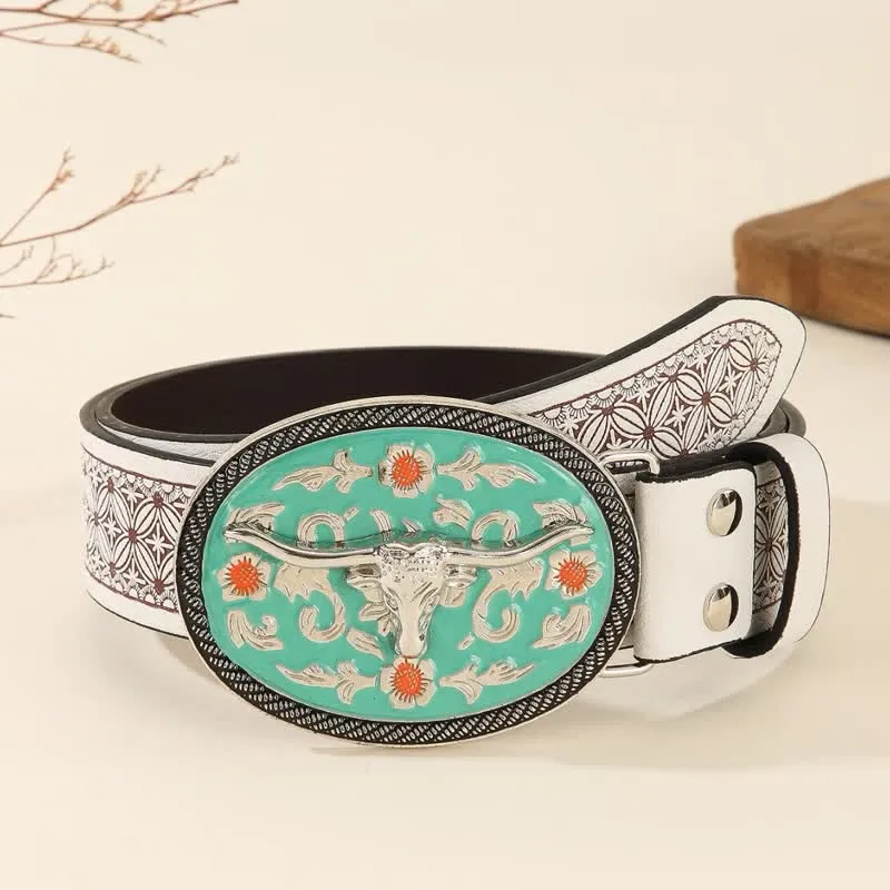 Longhorn Bull Turquoise-Tone Buckle Embossed Leather Belt sold by FloralTrip