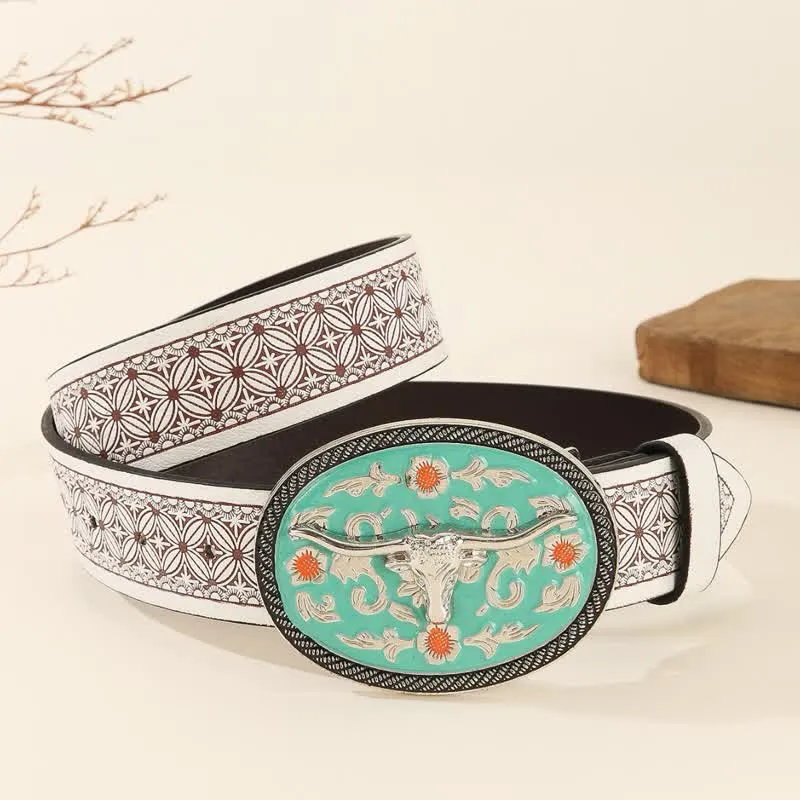 Longhorn Bull Turquoise-Tone Buckle Embossed Leather Belt sold by FloralTrip product image thumbnail 2