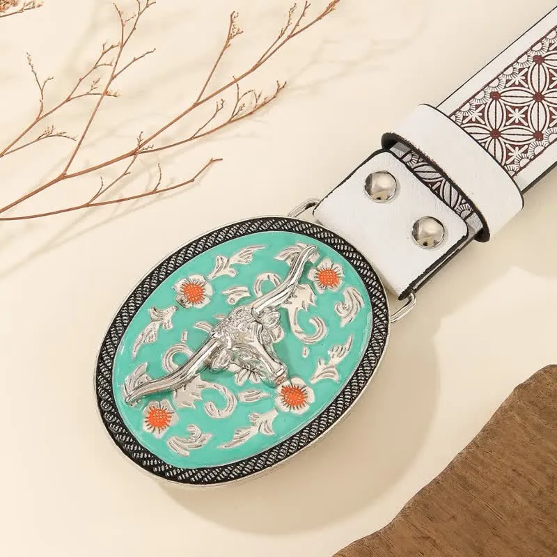 Longhorn Bull Turquoise-Tone Buckle Embossed Leather Belt sold by FloralTrip product image thumbnail 3