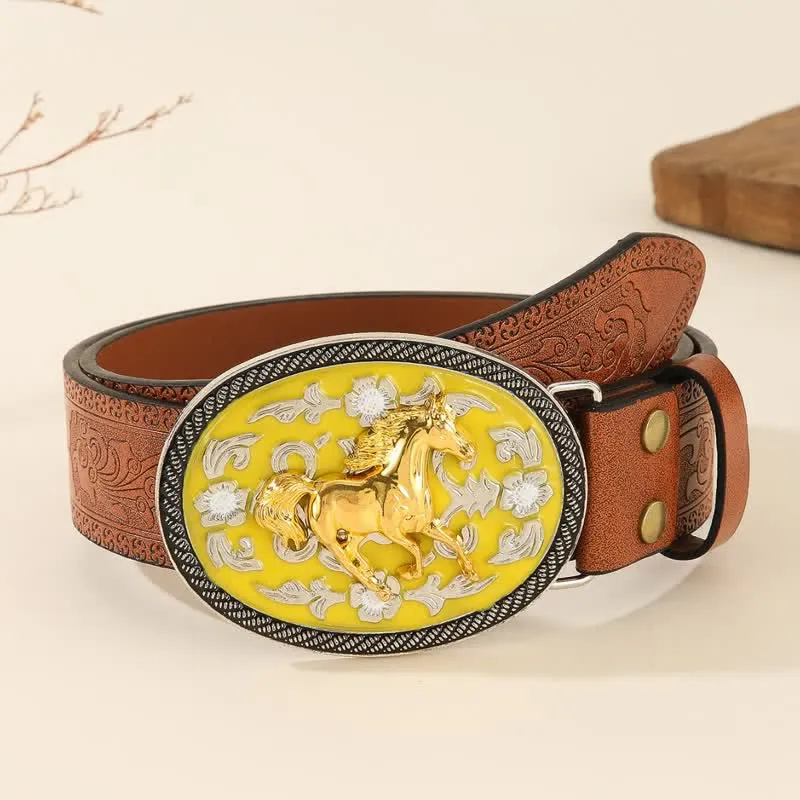 Running Horse Yellow Colored Buckle Embossed Leather Belt sold by FloralTrip