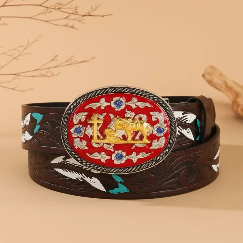 Praying Cross Horse Red Buckle Brown Feather Leather Belt sold by FloralTrip