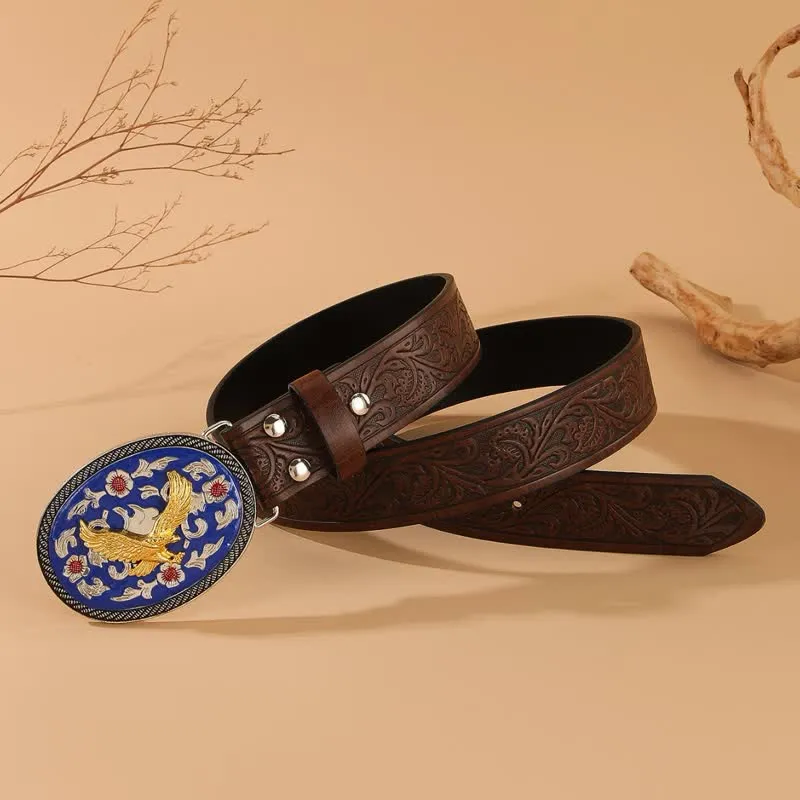 Gold Eagle Blue Colored Buckle Floral Embossed Leather Belt sold by FloralTrip product image thumbnail 3