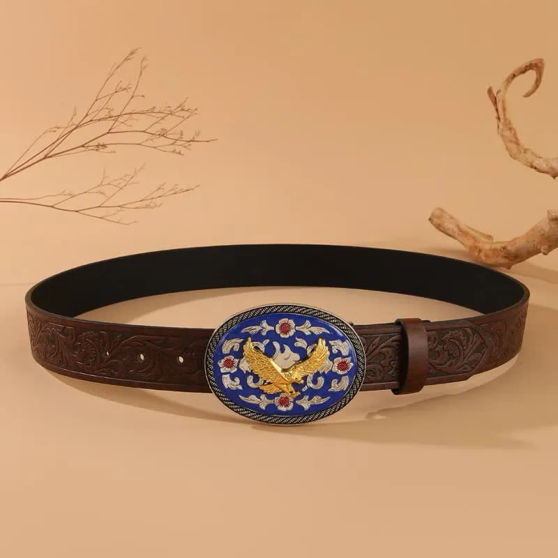 Gold Eagle Blue Colored Buckle Floral Embossed Leather Belt sold by FloralTrip product image thumbnail 4