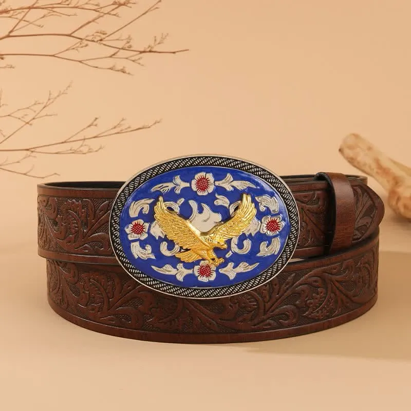 Gold Eagle Blue Colored Buckle Floral Embossed Leather Belt sold by FloralTrip