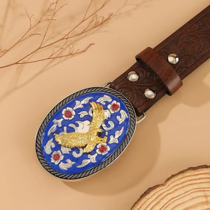 Gold Eagle Blue Colored Buckle Floral Embossed Leather Belt sold by FloralTrip product image thumbnail 2