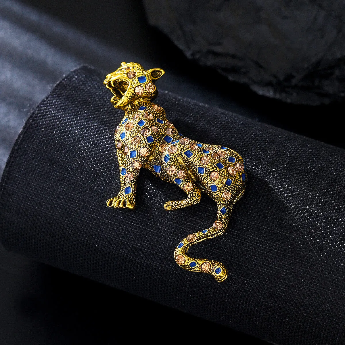 Golden Studded Diamond Blue Square Leopard Brooch sold by FloralTrip