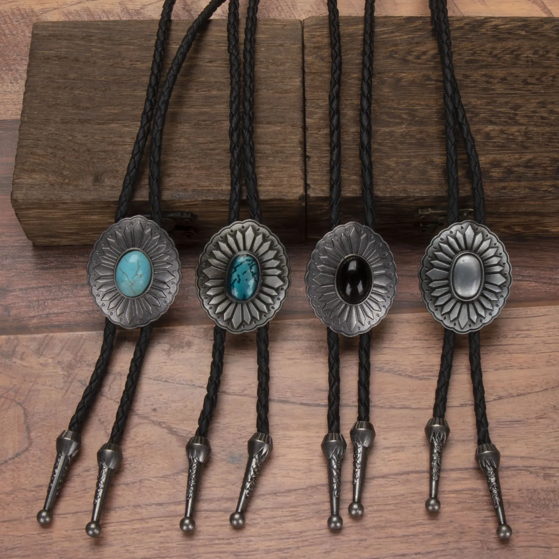 Exquisite Silver Oval Plate Turquoise Pendant Bolo Tie sold by FloralTrip