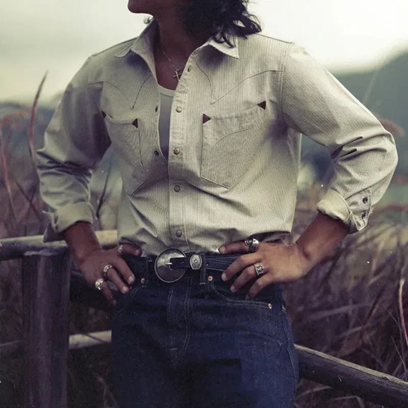 Vintage Beige Woven Stripe Western Cowboy Shirt sold by FloralTrip