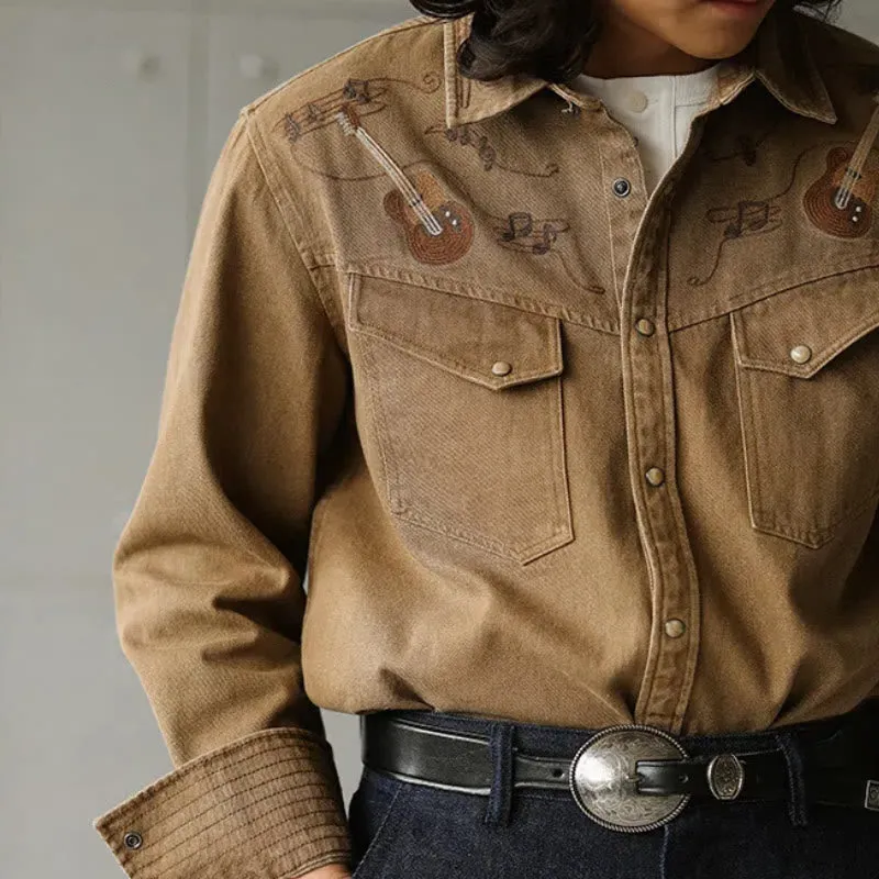 Vintage Guitar Musical Note Embroidery Western Cowboy Shirt sold by FloralTrip