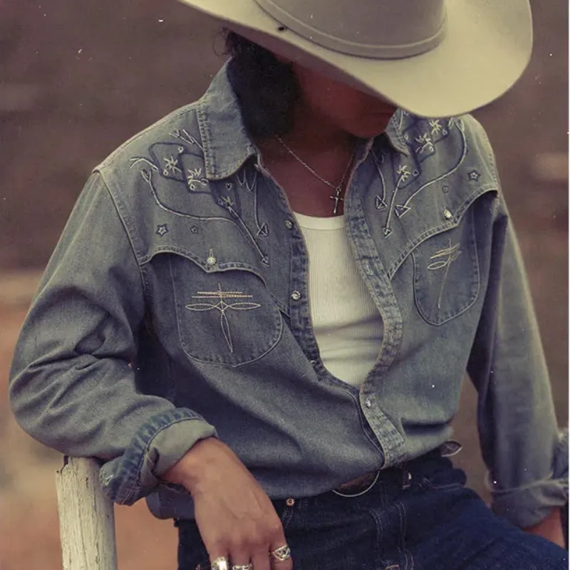 Gambler Embroidered Washed Denim Western Cowboy Shirt sold by FloralTrip