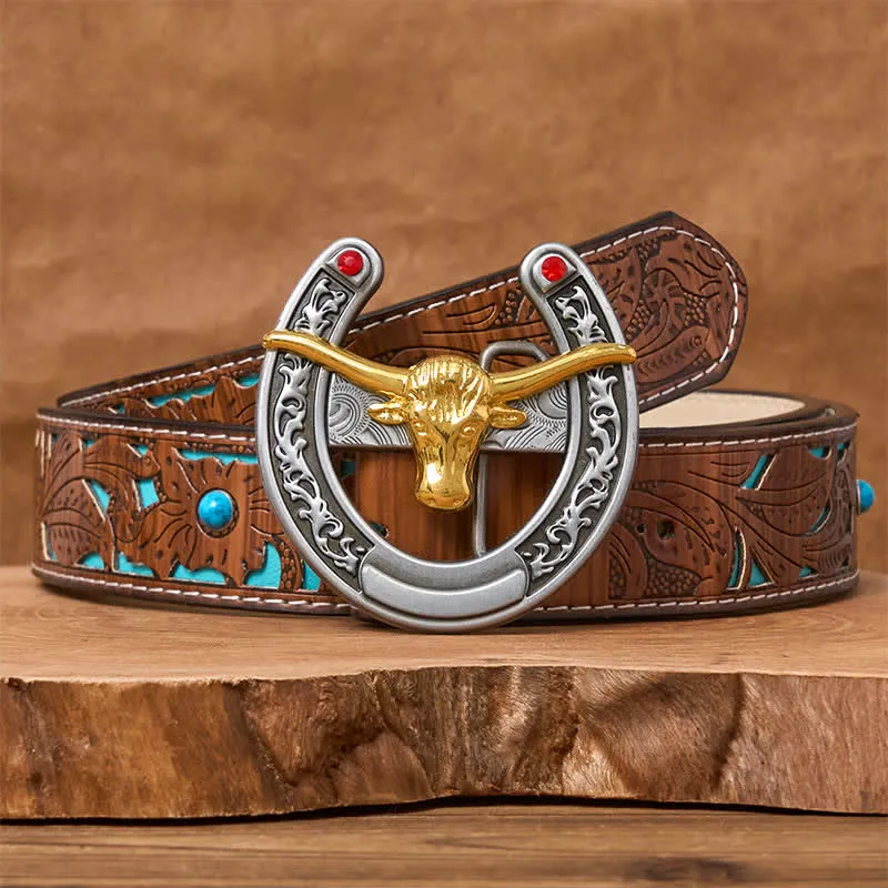 Gold Bull Head Western Horseshoe Shape Buckle Leather Belt sold by FloralTrip product image thumbnail 4