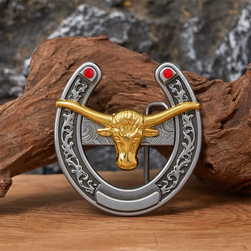 Gold Bull Head Western Horseshoe Shape Buckle Leather Belt sold by FloralTrip