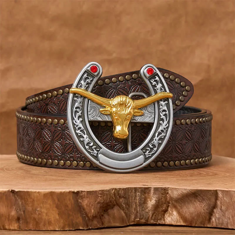 Gold Bull Head Western Horseshoe Shape Buckle Leather Belt sold by FloralTrip product image thumbnail 5