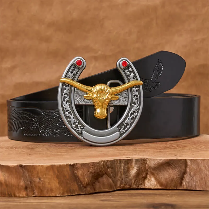 Gold Bull Head Western Horseshoe Shape Buckle Leather Belt sold by FloralTrip product image thumbnail 3