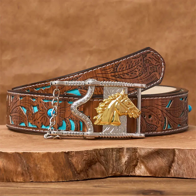 Hollow Out Gold & Silver Horse Head Buckle Leather Belt sold by FloralTrip product image thumbnail 4