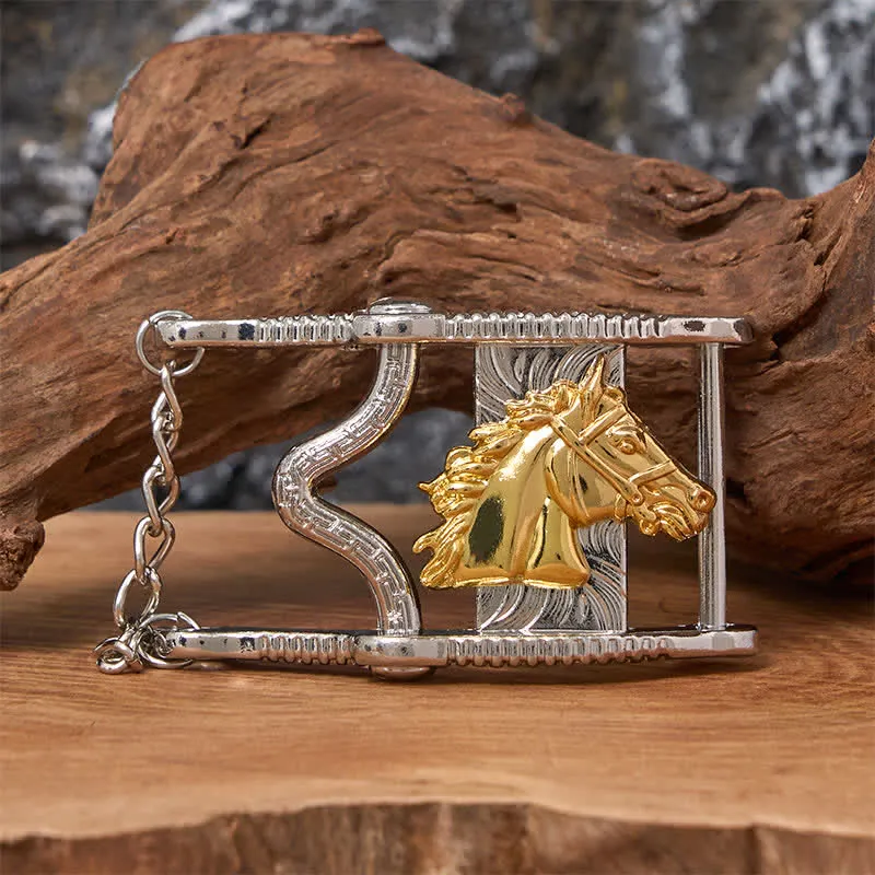Hollow Out Gold & Silver Horse Head Buckle Leather Belt sold by FloralTrip