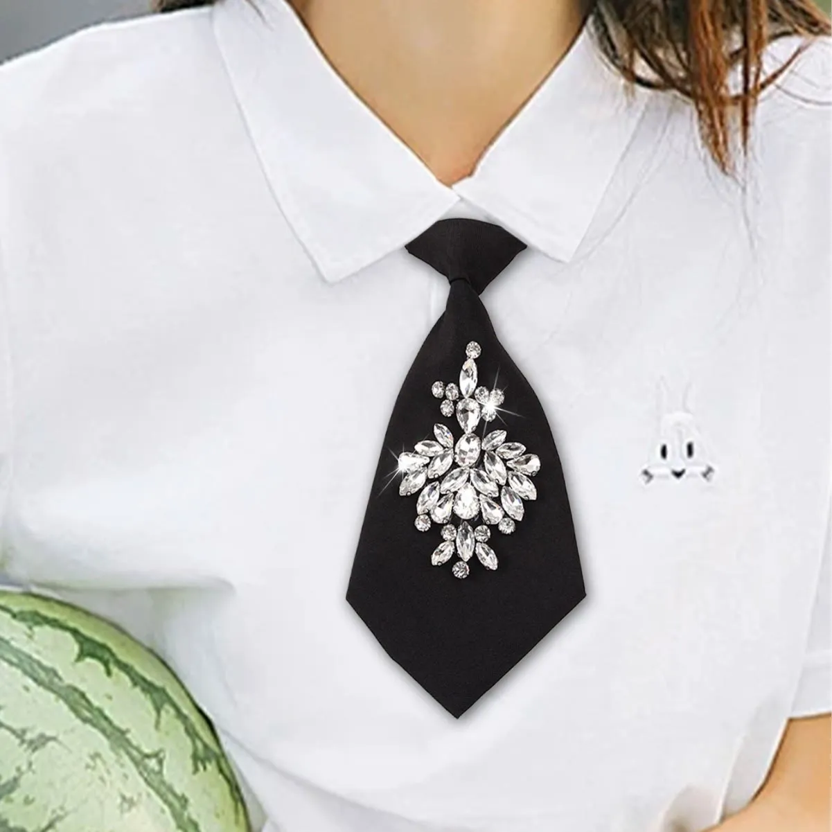 Adjustable Black Pre-tied Rhinestone Women's Short Necktie sold by FloralTrip product image thumbnail 2
