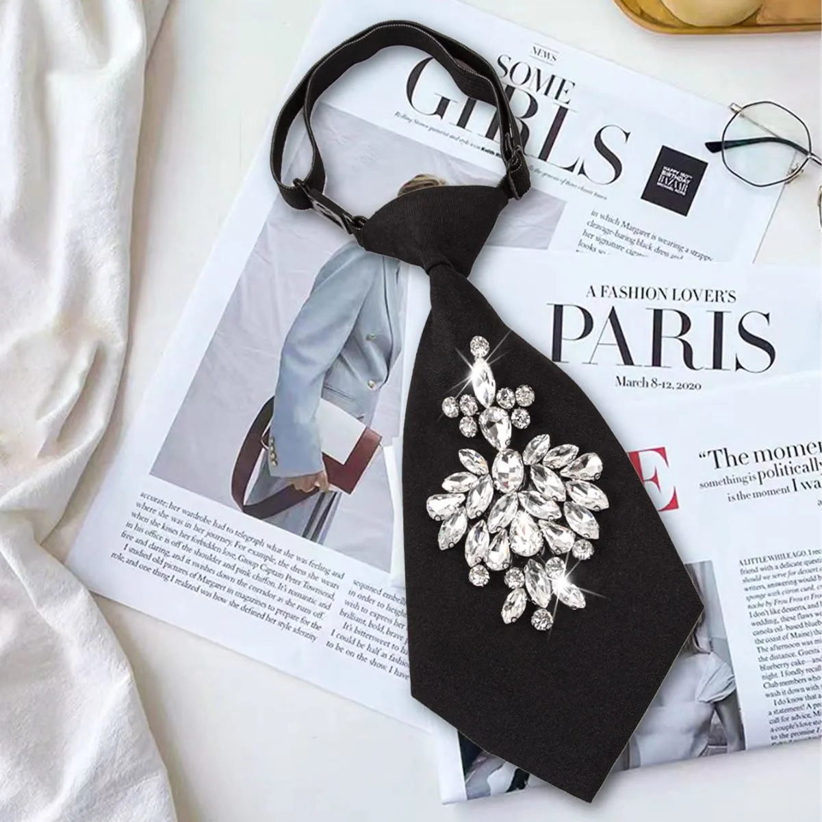 Adjustable Black Pre-tied Rhinestone Women's Short Necktie sold by FloralTrip product image thumbnail 3