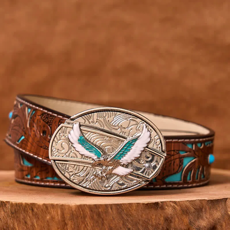 Men's DIY Blue & White Flying Eagle Hidden Folding Knife Leather Belt sold by FloralTrip