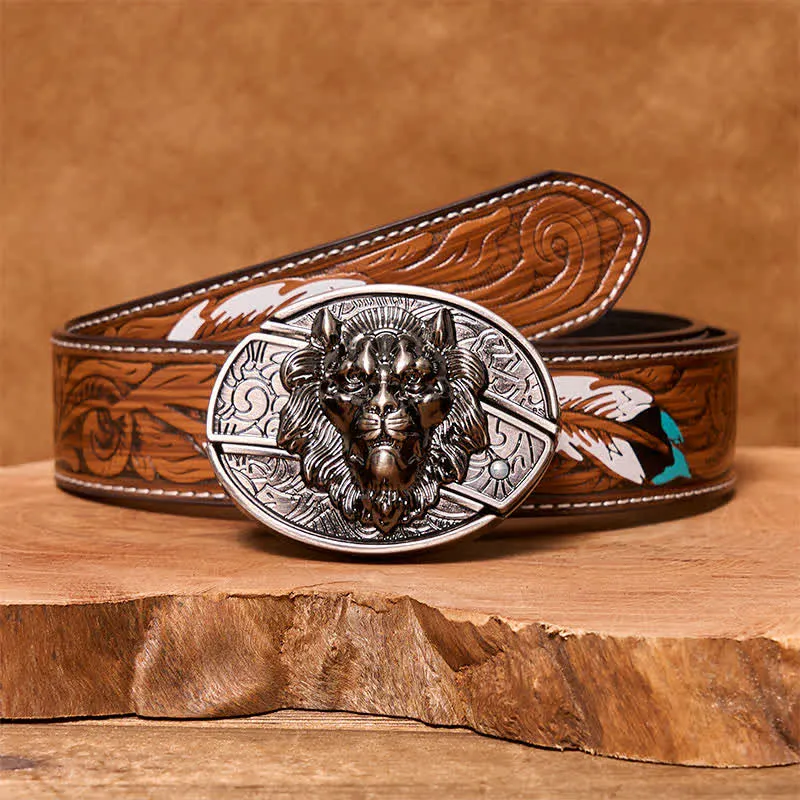 Men's DIY Lion Insignia Hidden Folding Knife Leather Belt sold by FloralTrip