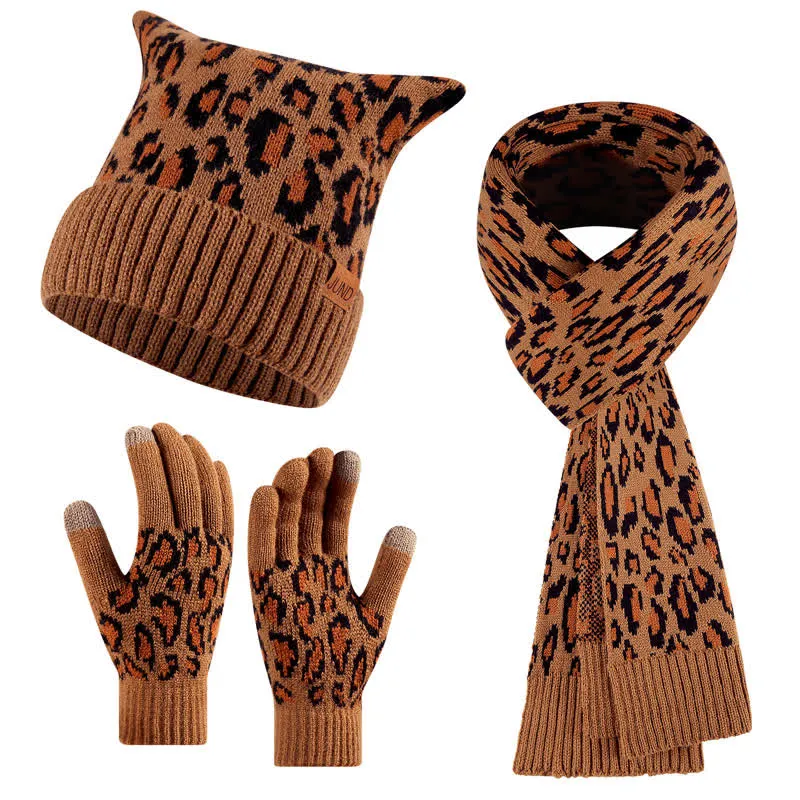3Pcs Leopard Print Cute Cat Ear Hat Scarf Gloves Set sold by FloralTrip
