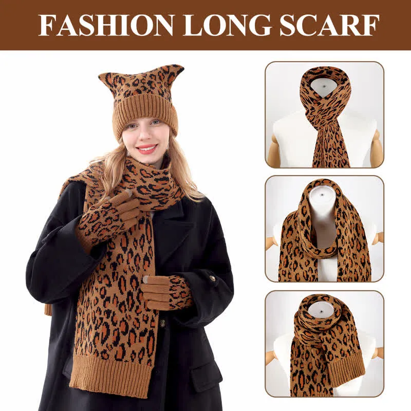 3Pcs Leopard Print Cute Cat Ear Hat Scarf Gloves Set sold by FloralTrip product image thumbnail 5