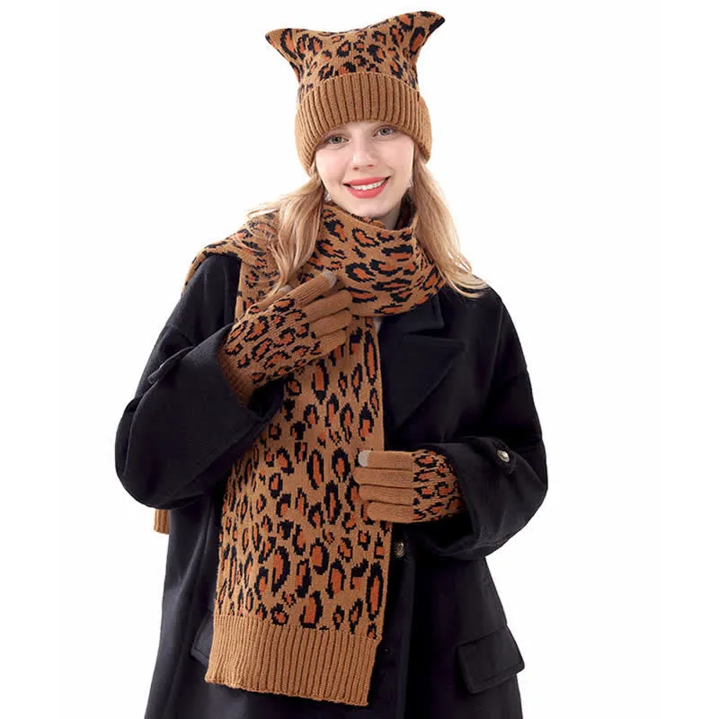 3Pcs Leopard Print Cute Cat Ear Hat Scarf Gloves Set sold by FloralTrip product image thumbnail 2