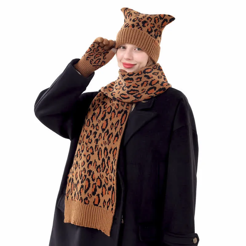 3Pcs Leopard Print Cute Cat Ear Hat Scarf Gloves Set sold by FloralTrip product image thumbnail 3