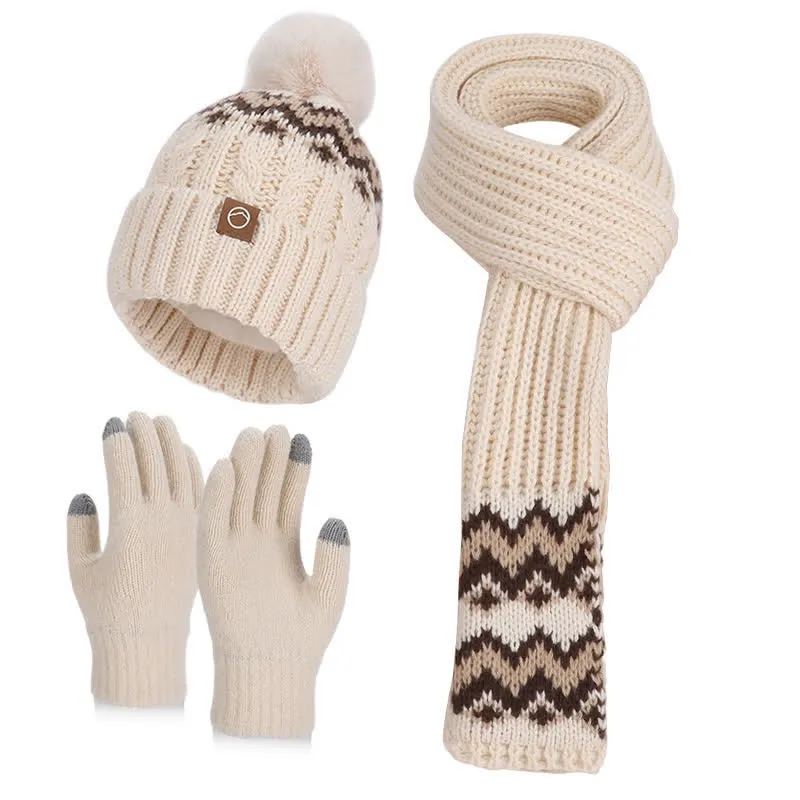 3Pcs Charming Wave Pattern Pom Pom Hat Scarf Gloves Set sold by FloralTrip