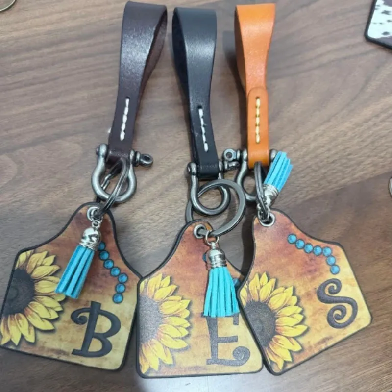 Western Sunflowers Letter Print Pendant Horseshoe Buckle Keychain sold by FloralTrip
