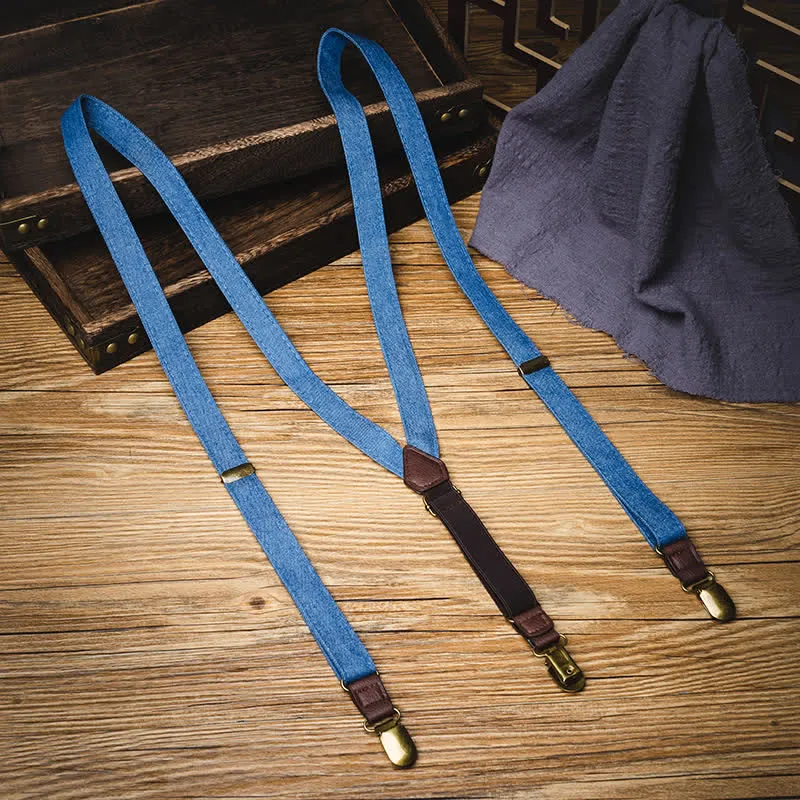 Retro Solid Blue Denim Y-back Elastic Suspenders sold by FloralTrip