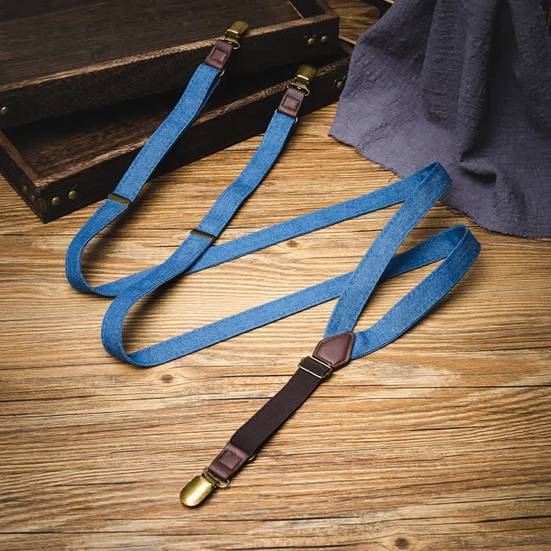 Retro Solid Blue Denim Y-back Elastic Suspenders sold by FloralTrip product image thumbnail 2