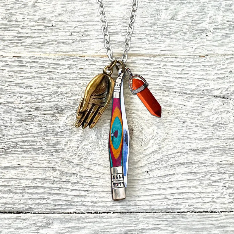Colorful Brass Folding Knife Buddha Hand & Redstone Necklace sold by FloralTrip