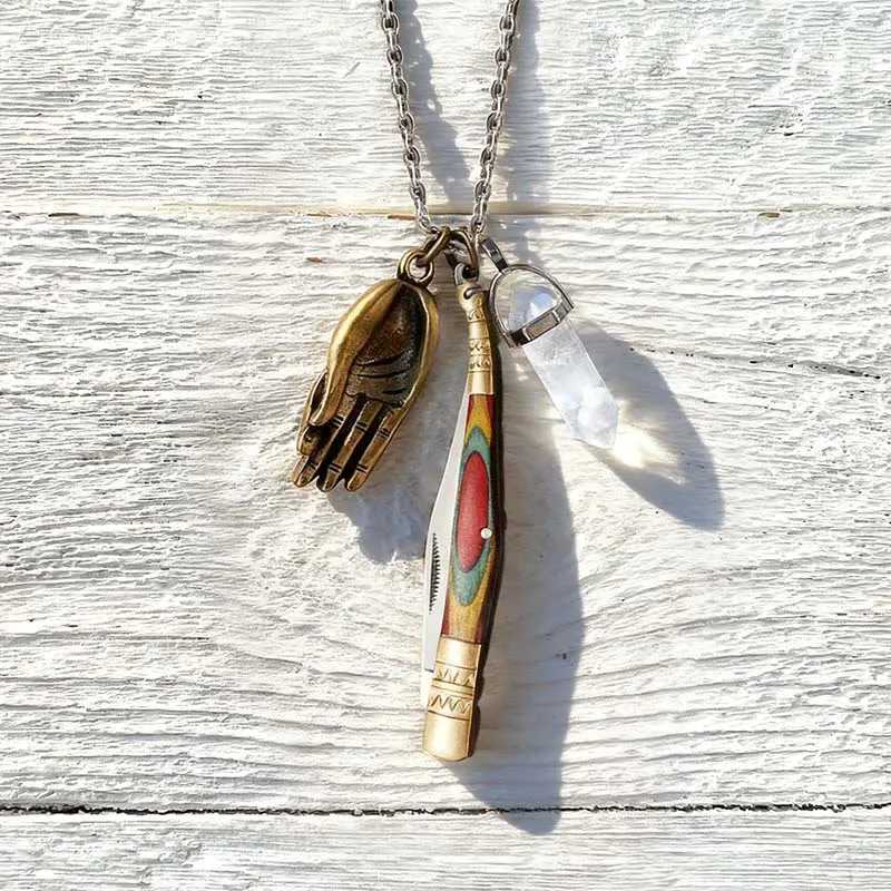 Colorful Handle Outdoor Folding Knife White Crystal Buddha Hand Necklace sold by FloralTrip