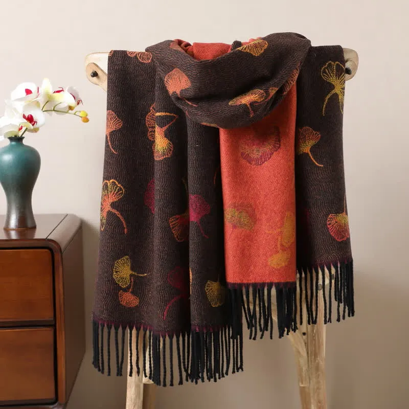 Ginkgo Leaf Pattern Double-Sided Scarf With Tassels sold by FloralTrip