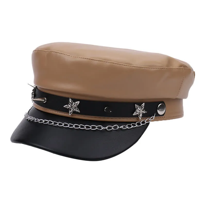 Two-Tone Star Studs Leather Beret Hat With Chain sold by FloralTrip