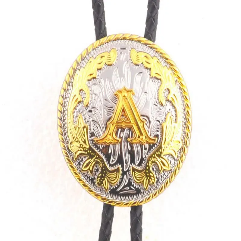 Gold & Silver Two-Tone Oval Initial Letter Leather Bolo Tie sold by FloralTrip product image thumbnail 4