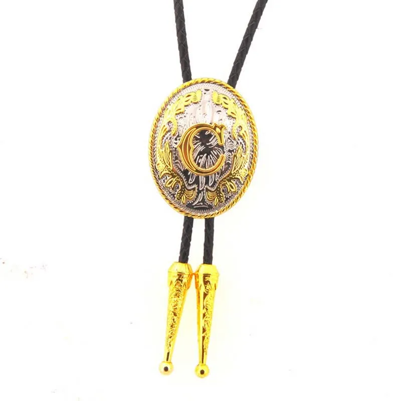 Gold & Silver Two-Tone Oval Initial Letter Leather Bolo Tie sold by FloralTrip product image thumbnail 5