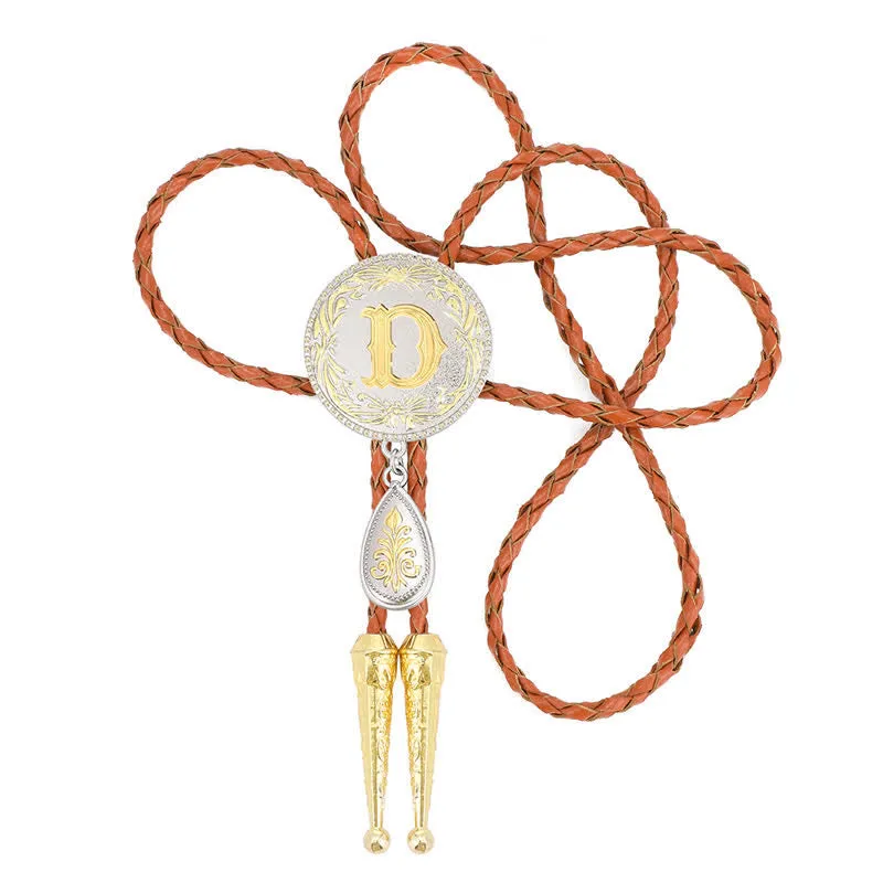 Initial Letter Brown Leather Bolo Tie With Teardrop-Shaped Pendant sold by FloralTrip